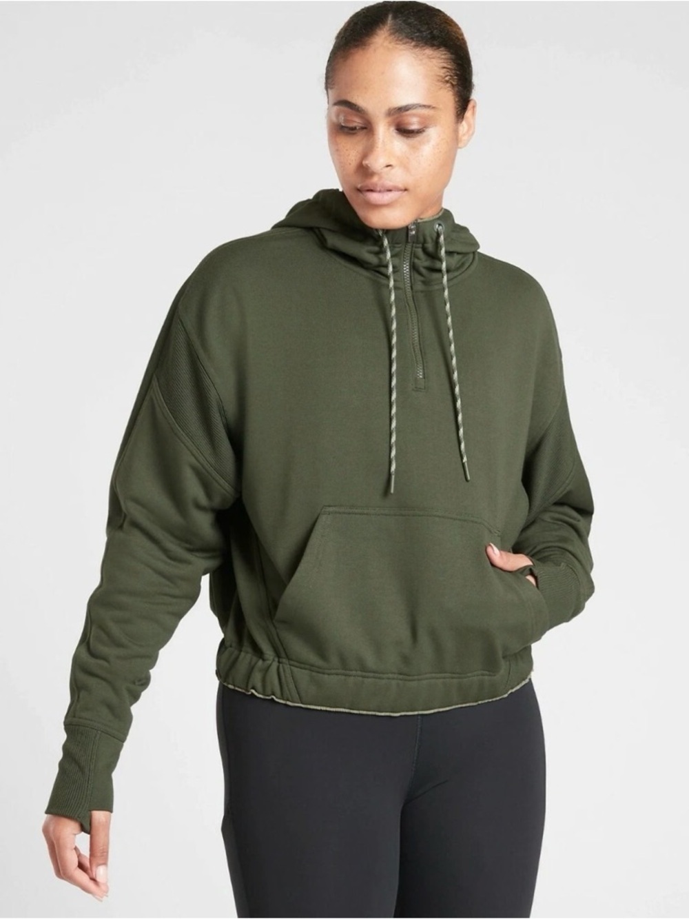 Athleta Ascend Warm Up Hoodie Quarter Zip Tuscan Olive Size Medium